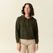 Pull &agrave; capuche zipp&eacute; vert kaki femme