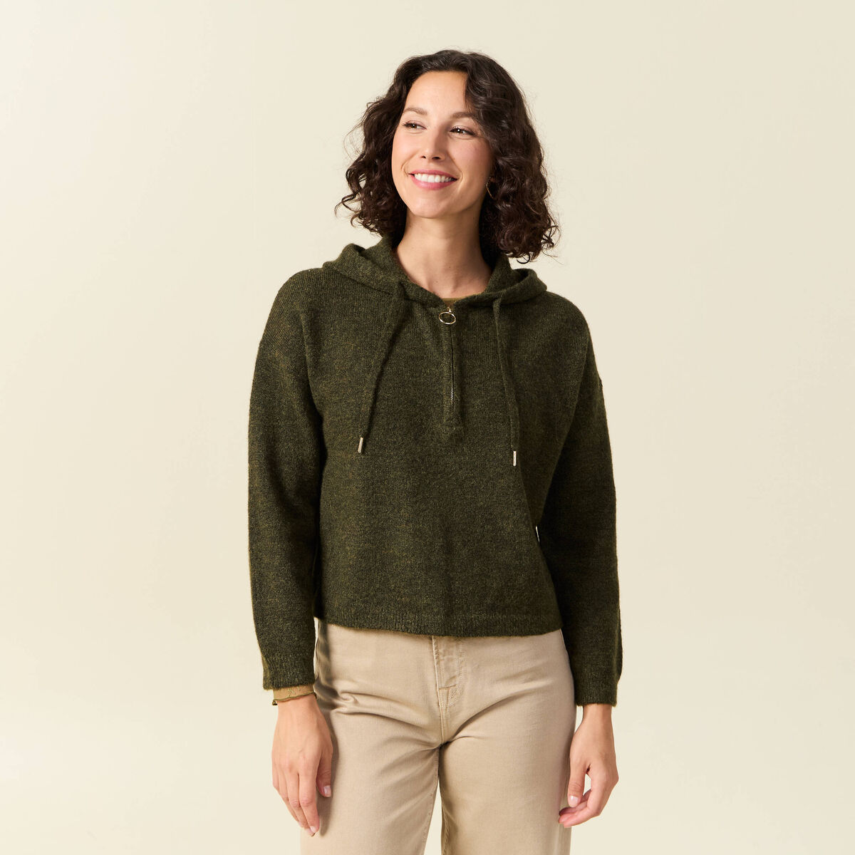 Pull &agrave; capuche zipp&eacute; vert kaki femme