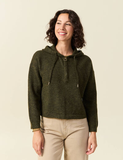 Pull &agrave; capuche zipp&eacute; vert kaki femme
