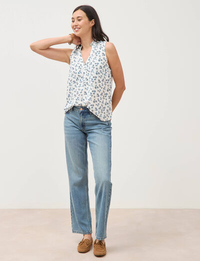 Top sans manches col v fluide ecru femme