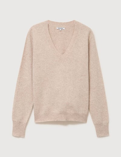 Pull droit col v manches longues creme femme