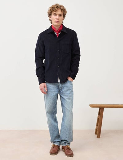 Chemise col classique en velours bleu marine homme