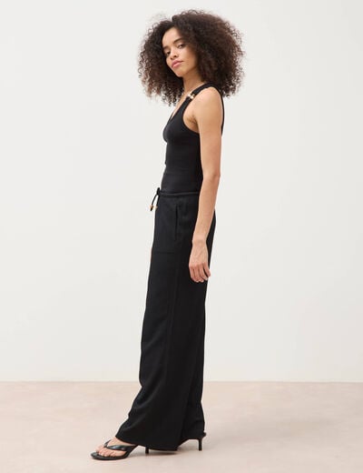 Pantalon large taille haute ceinture noir femme