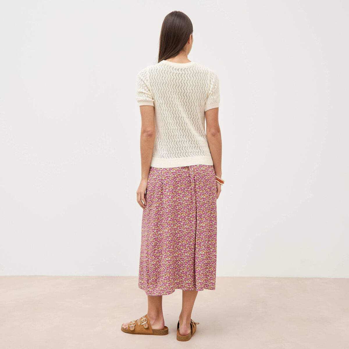 Pull col rond manches courtes creme femme