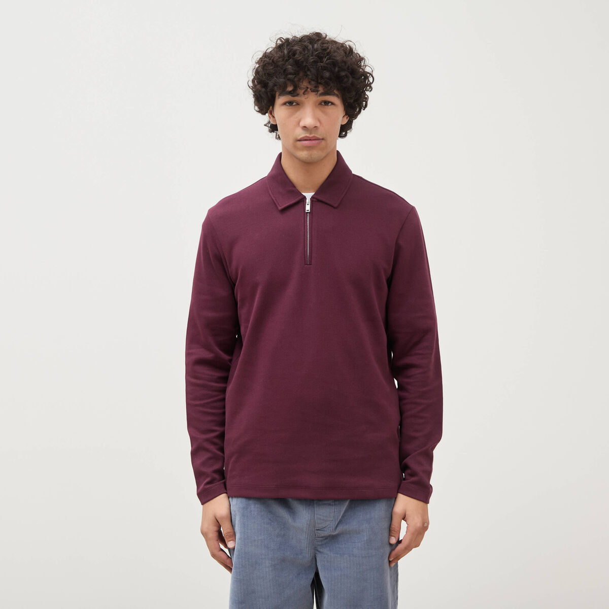 Polo droit manches longues prune homme