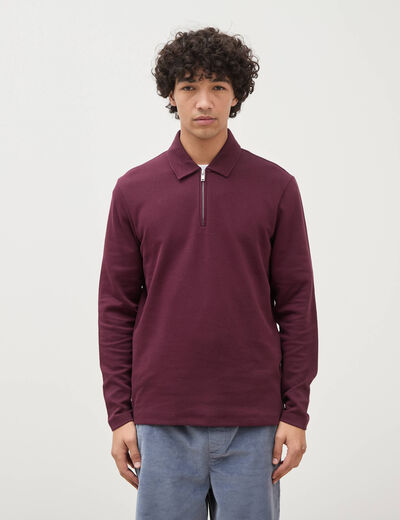 Polo droit manches longues prune homme