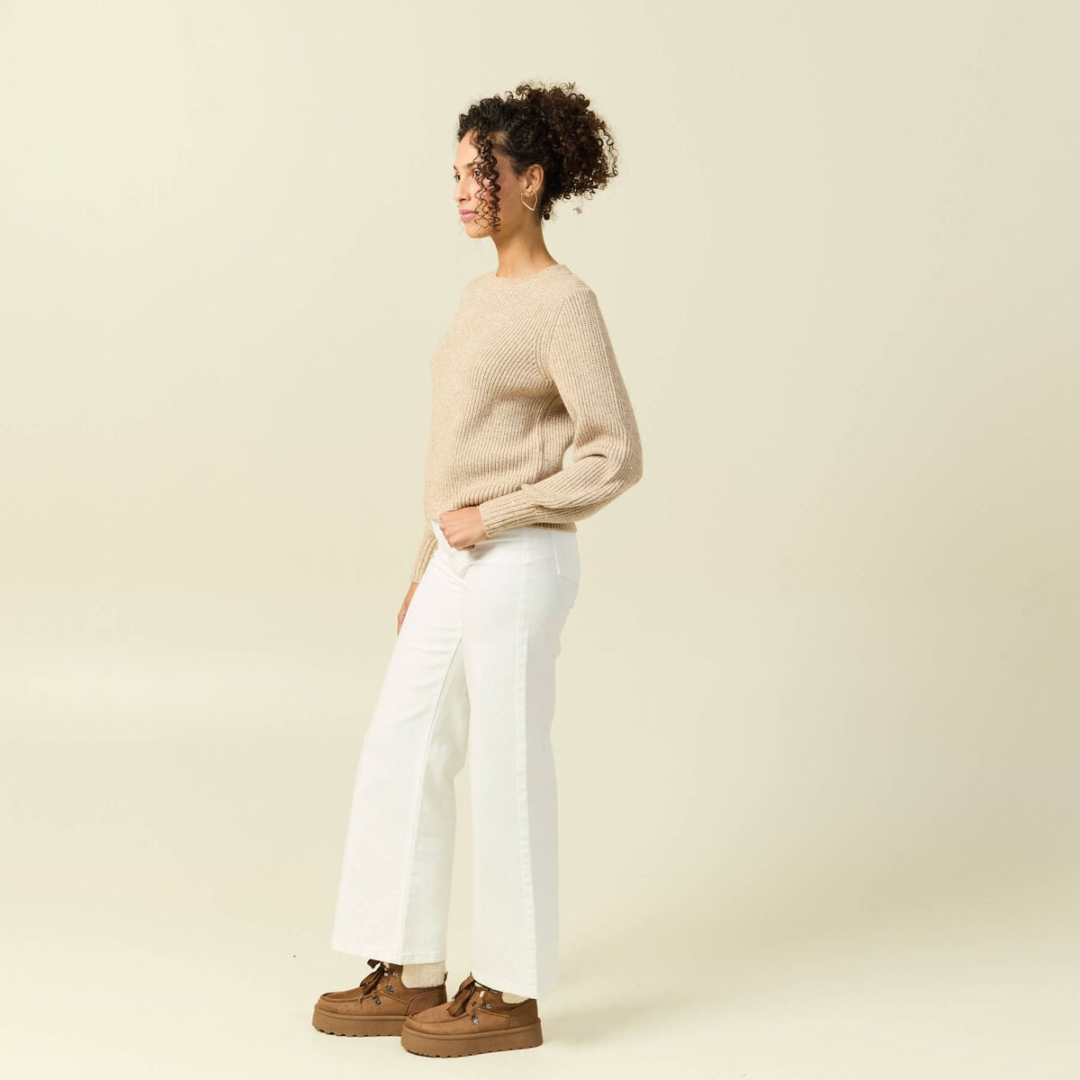 Pull manches longues col rond &agrave; sequins creme femme