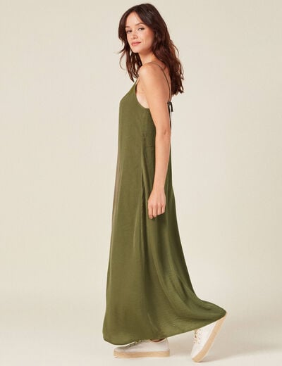 Robe longue droite satin vert kaki femme