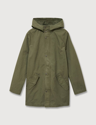 Parka droite mi-longue &agrave; capuche vert kaki homme