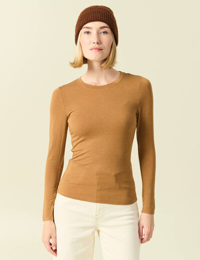 T-shirt cintr&eacute; manches longues col rond marron clair femme