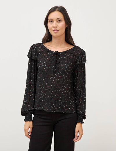Blouse droite manches longues col rond noir femme