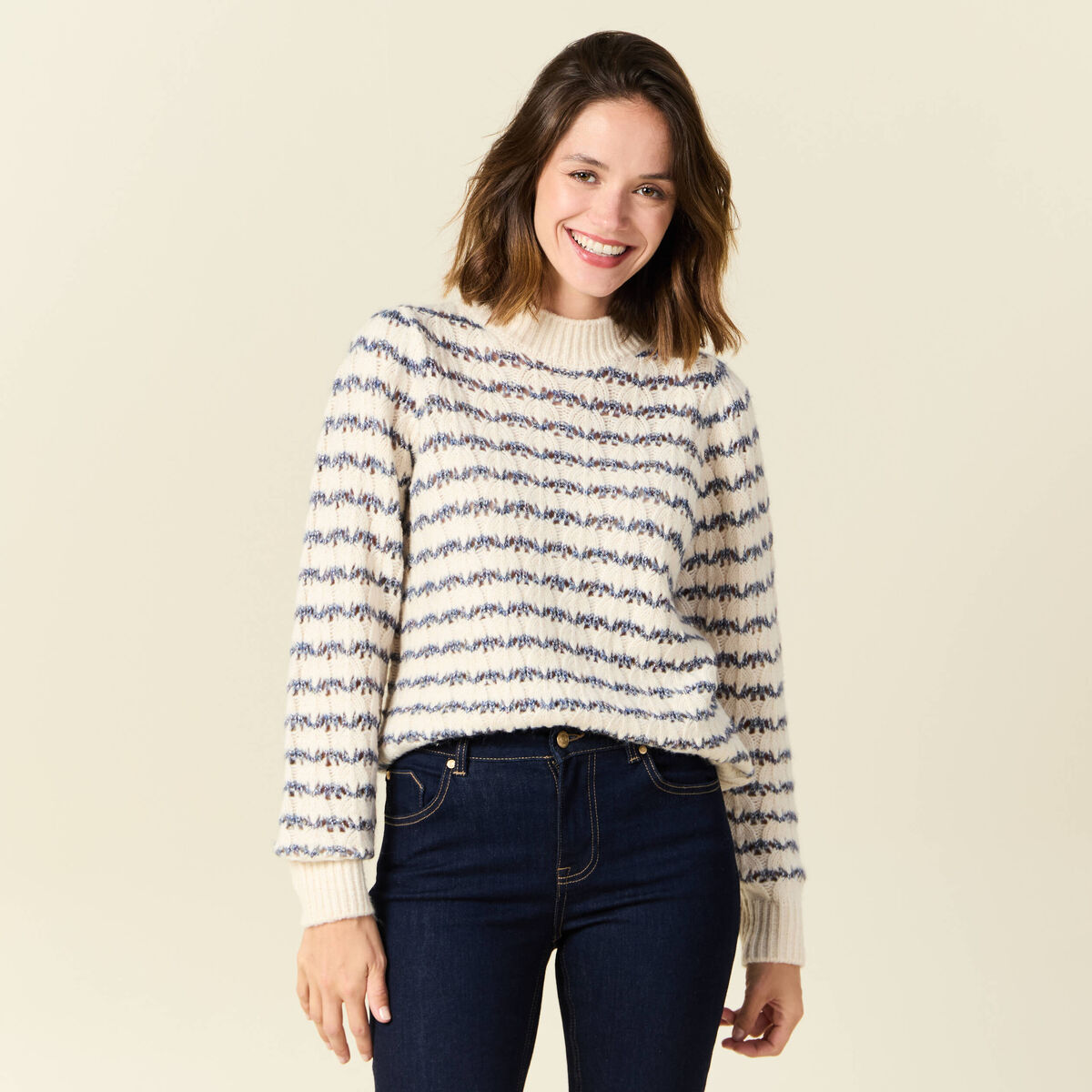 Pull manches longues ajouré ecru femme