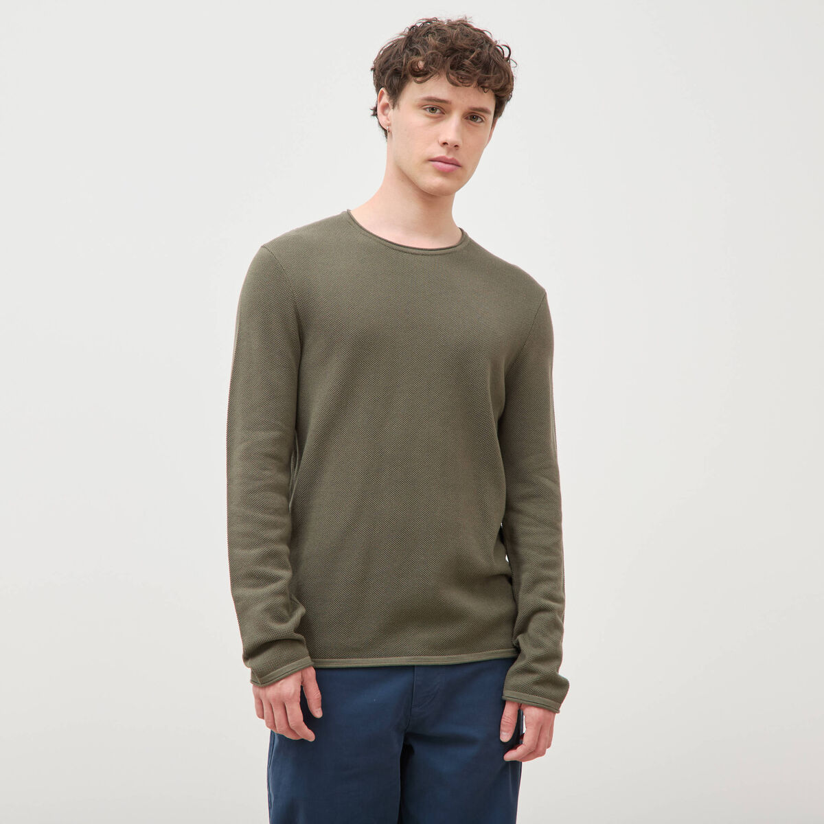 Pull col rond manches longues taupe homme
