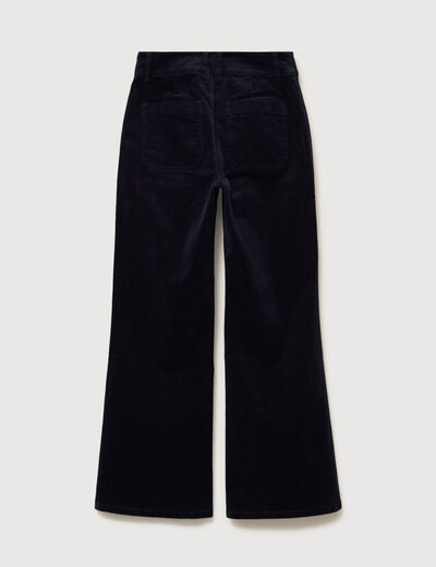 Pantalon flare taille haute en velours bleu fonc&eacute; femme