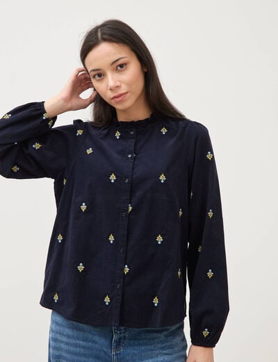 Chemise en coton avec broderie bleu marine femme