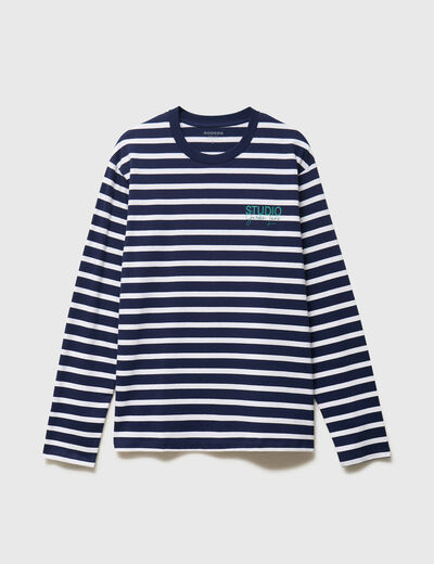 T-shirt ray&eacute; col rond manches longues blanc homme