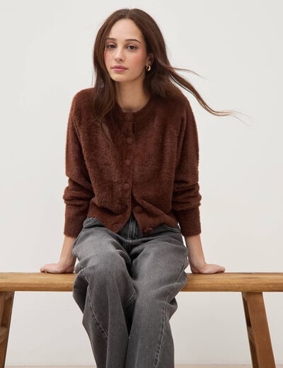 Gilet droit manches longues col rond marron femme