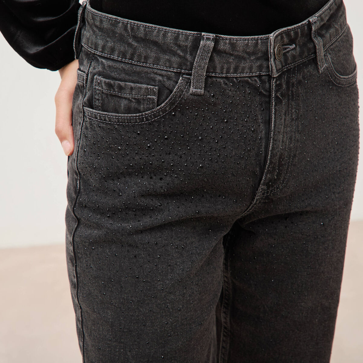 Jeans straight taille haute strass denim gris femme