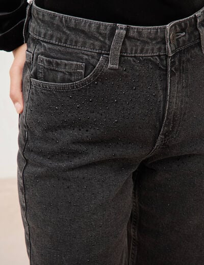 Jeans straight taille haute strass denim gris femme