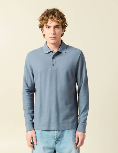 Polo manches longues en coton bleu gris homme