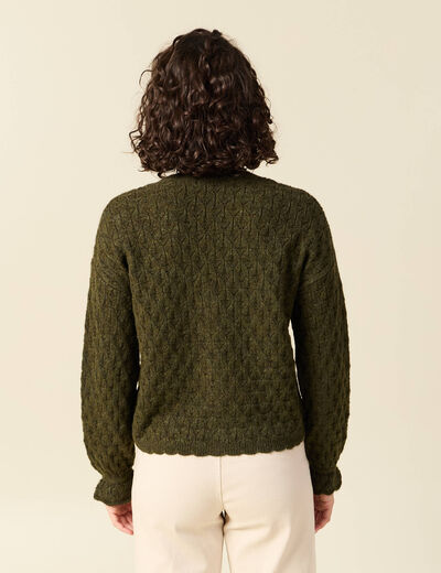 Gilet ajour&eacute; droit court col v vert kaki femme