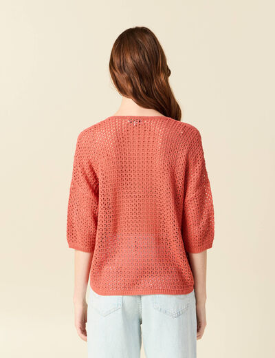 Pull ajour&eacute; col v manches 3/4 rouge fonc&eacute; femme