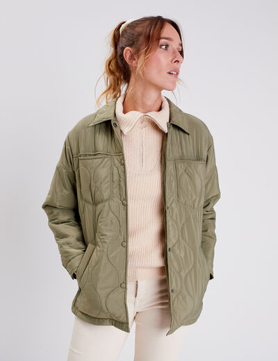 Veste droite matelass&eacute;e col chemise vert kaki femme