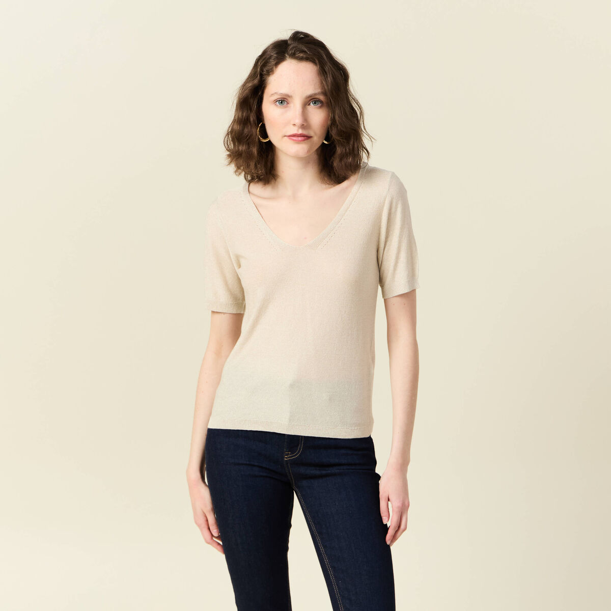 Pull manches courtes ecru femme