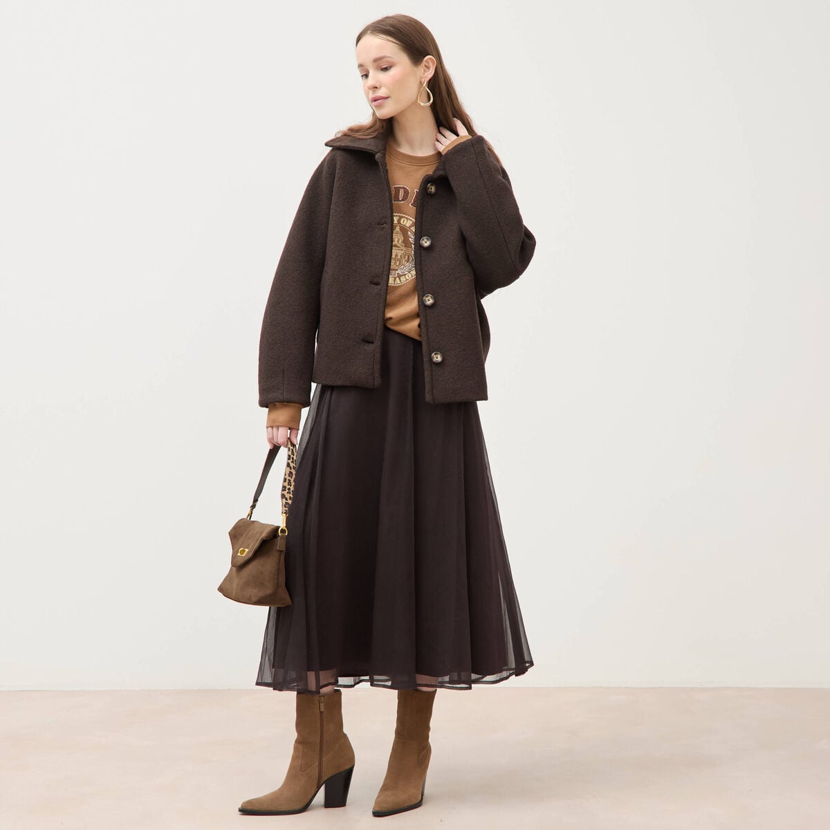 Manteau oversize court col tailleur marron fonc&eacute; femme