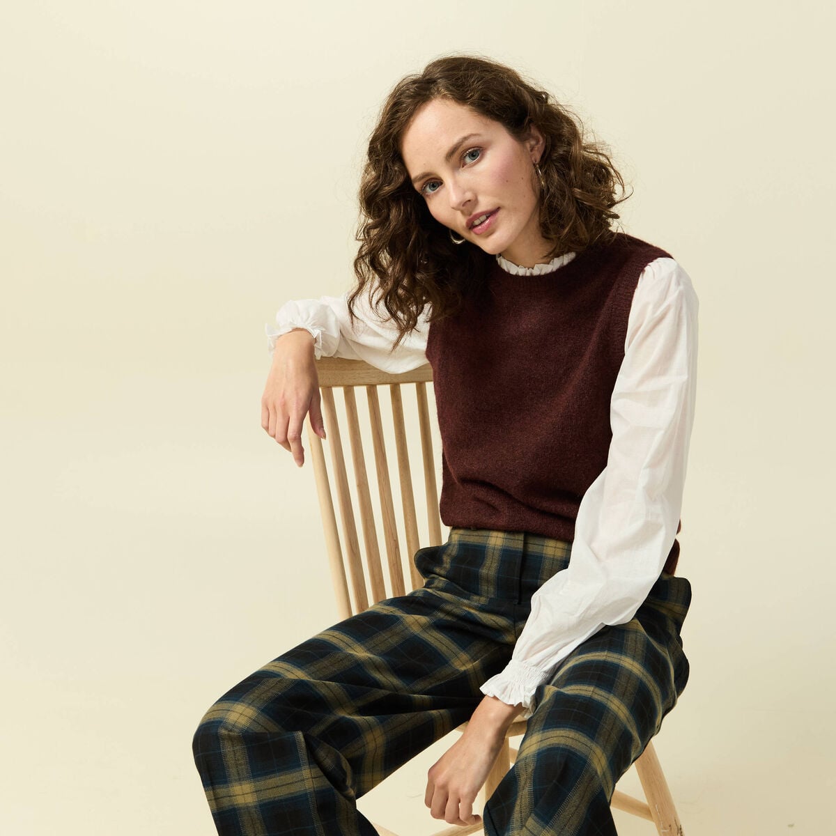 Pull 2 en 1 col rond manches longues marron femme