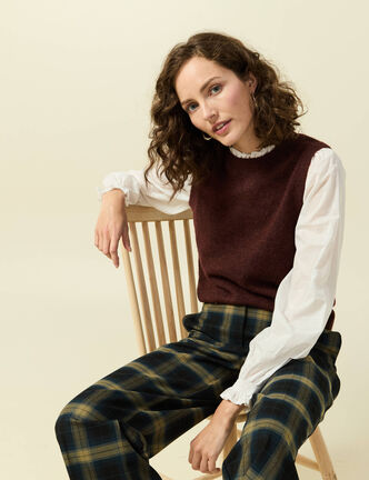 Pull 2 en 1 col rond manches longues marron femme