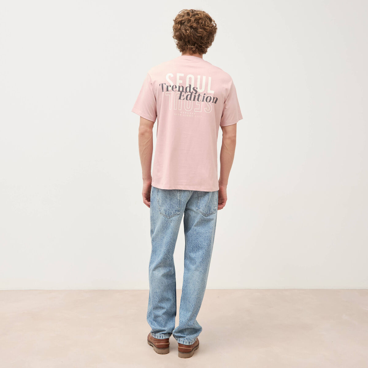 T-shirt droit en coton col ras du cou rose pastel homme