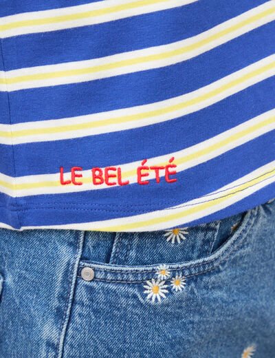 D&eacute;bardeur ray&eacute; col rond en coton bleu femme