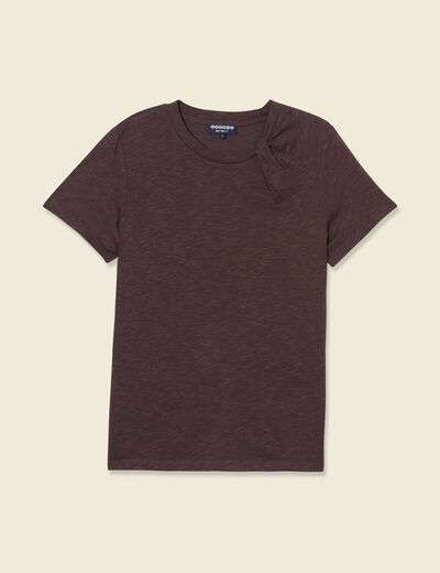 T-shirt col rond manches courtes marron femme