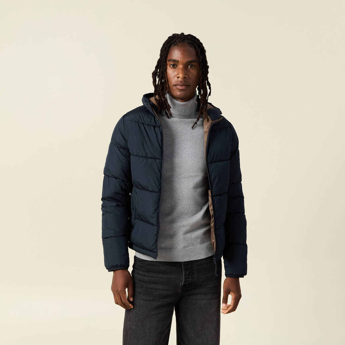 Doudoune &agrave; capuche bleu marine homme