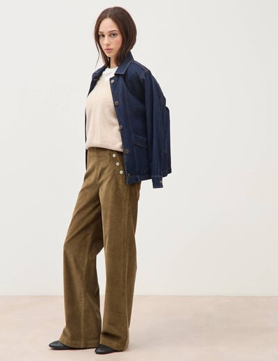 Pantalon large taille haute en velours vert olive femme
