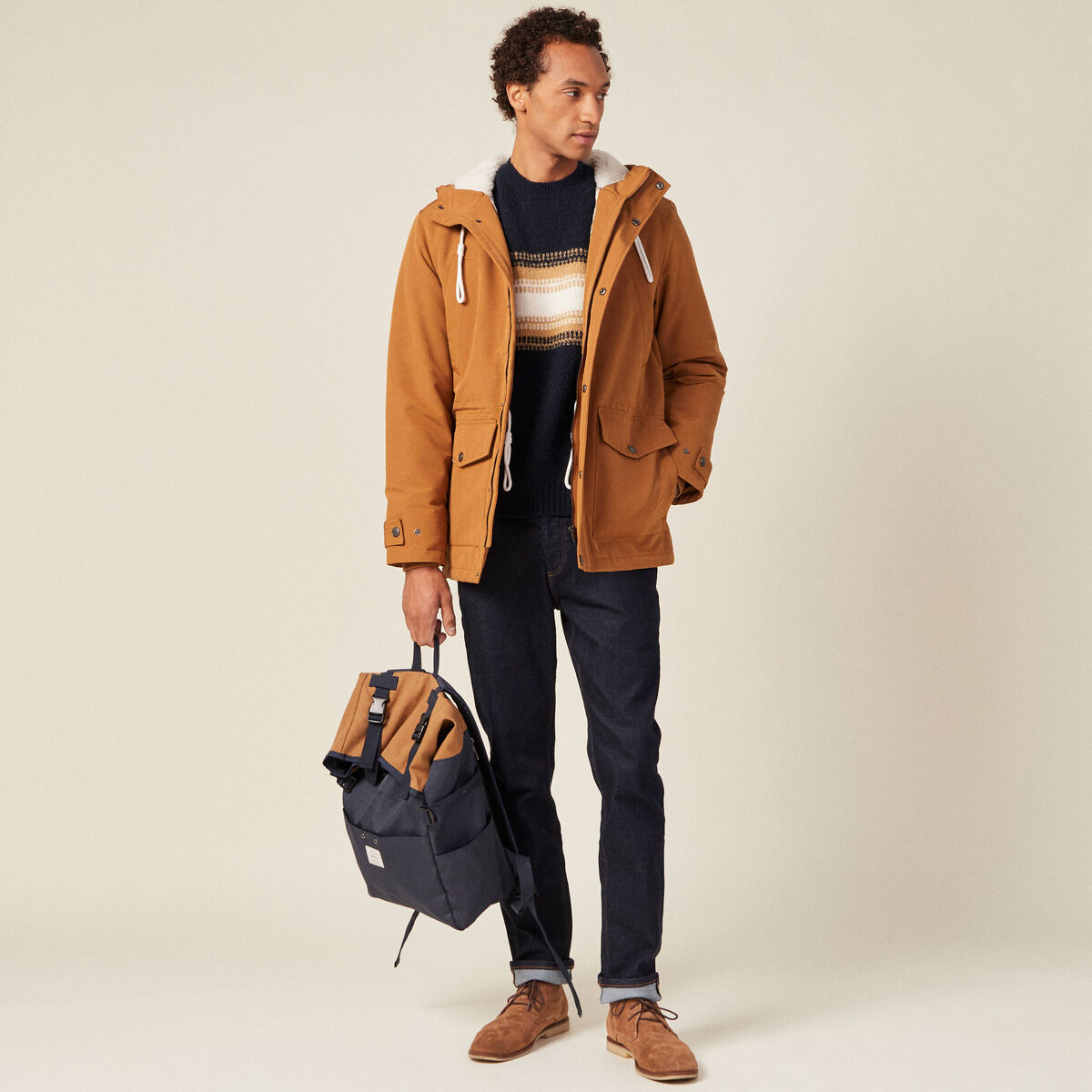 Parka droite à capuche marron homme