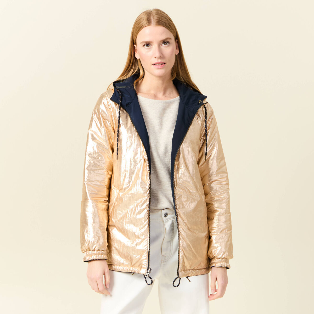 Parka r&eacute;versible &agrave; capuche bleu marine femme