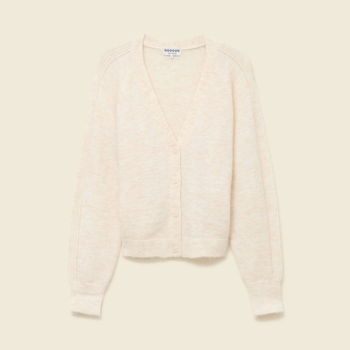 Gilet ajour&eacute; col V manches longues creme femme