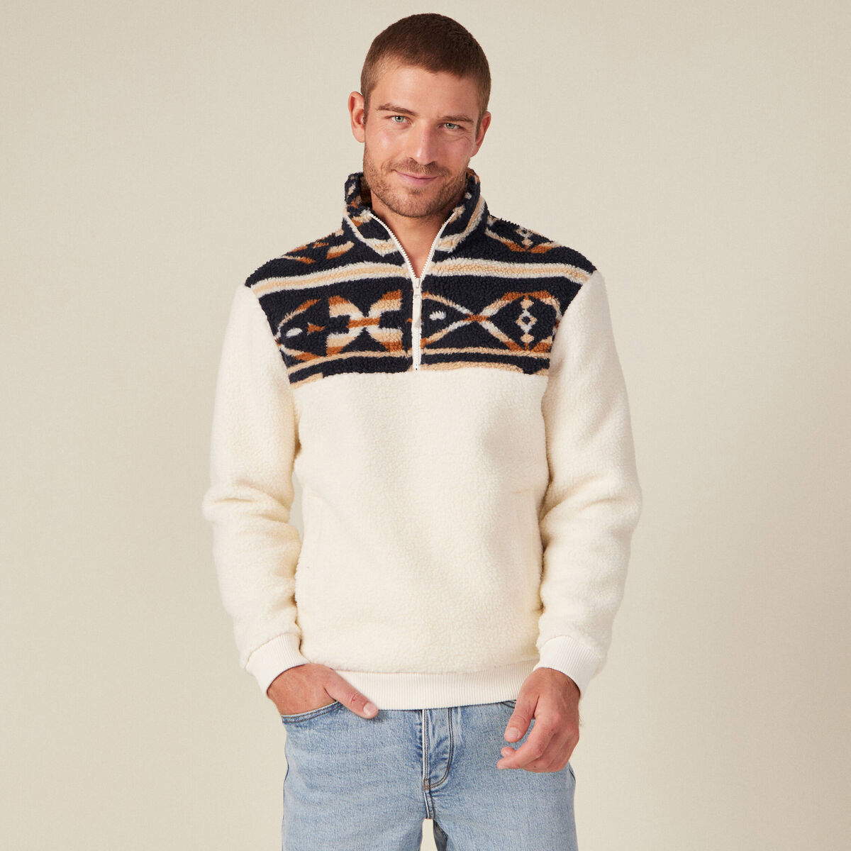 Sweat col camionneur zippé ecru homme