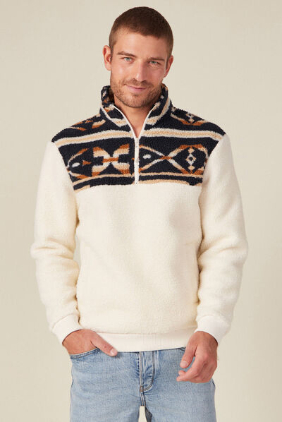 Sweat col camionneur zippé ecru homme