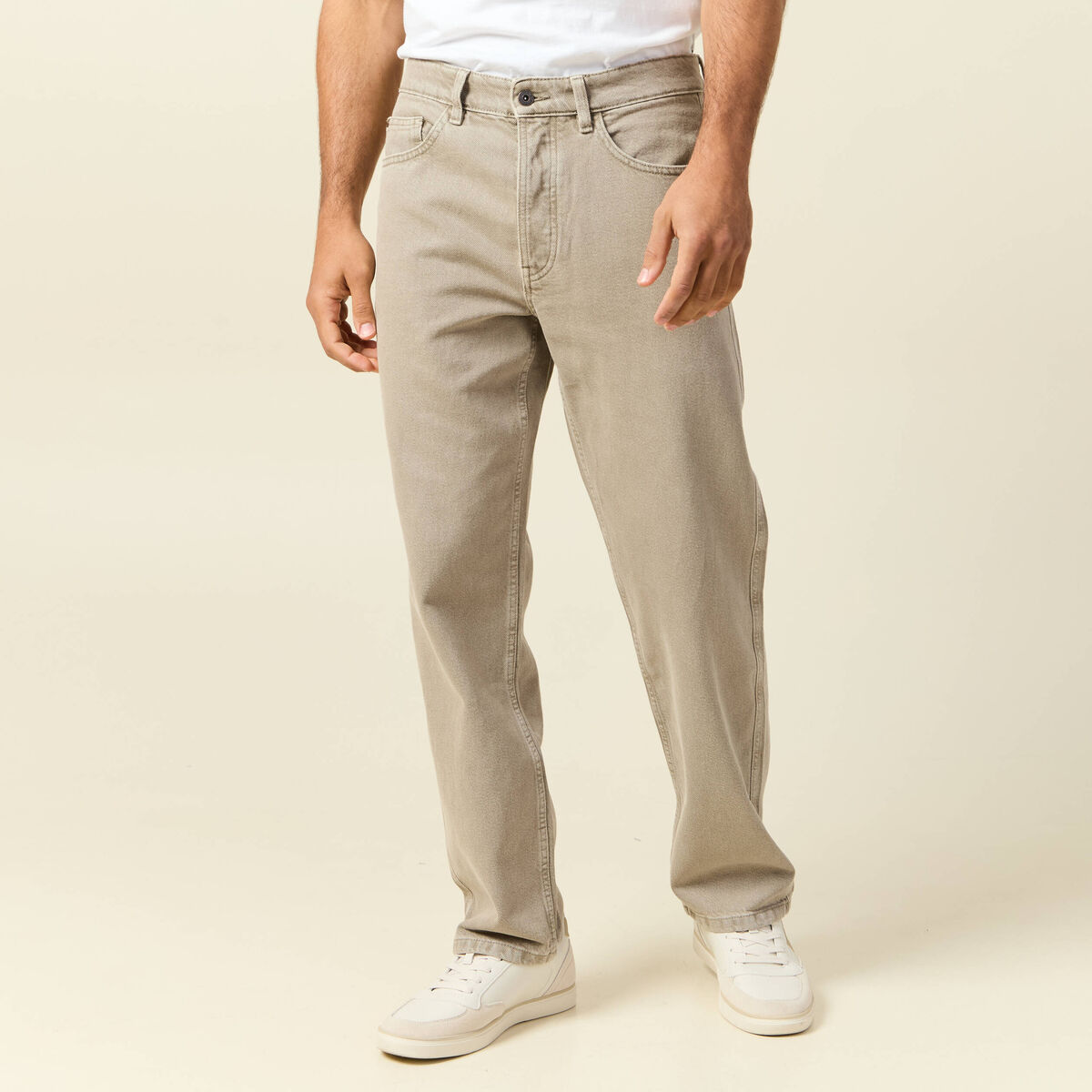 Jeans large longueur 32 en coton denim beige homme