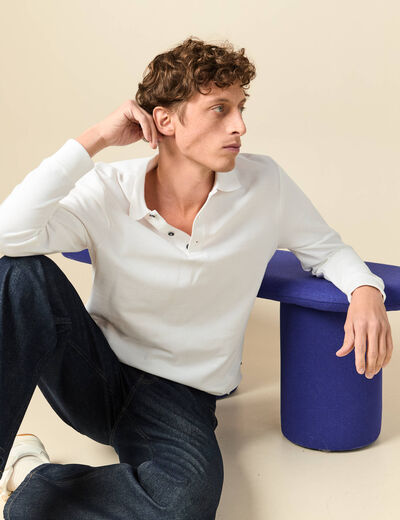 Polo manches longues en coton blanc homme