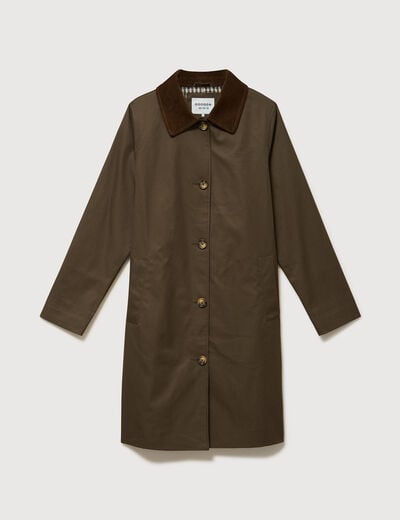 Trench droit long en coton doubl&eacute; vert kaki femme