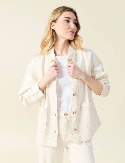 Blouson boutonn&eacute; brod&eacute; denim blanc femme