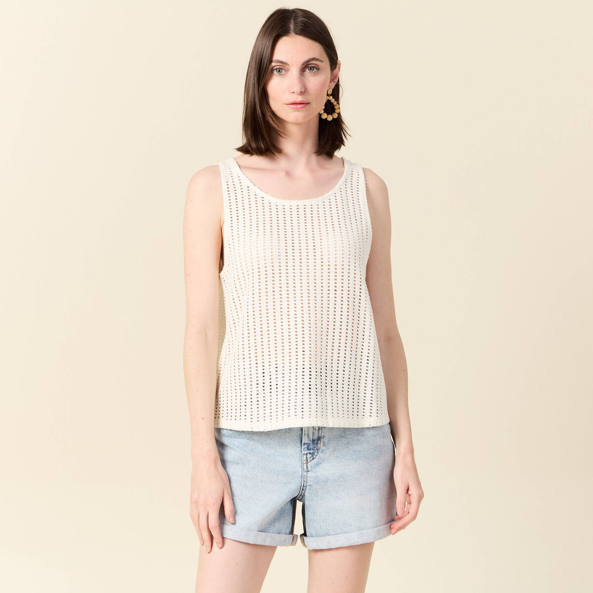 Débardeur sans manches ajouré creme femme