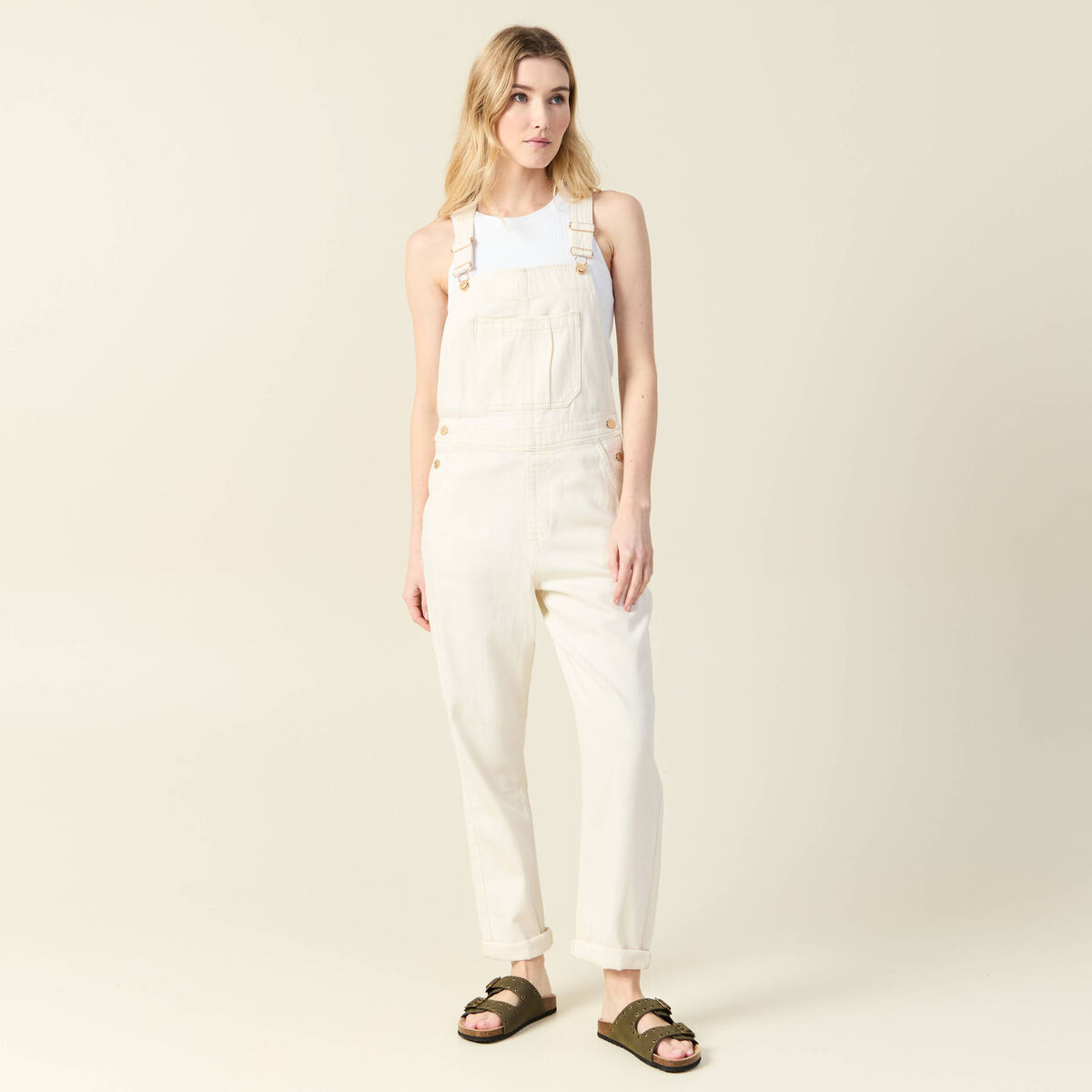 Salopette droite en jean denim blanc femme