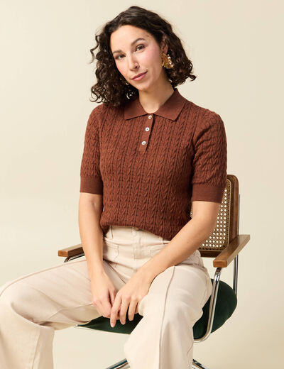 Polo col polo manches coude en coton marron fonc&eacute; femme