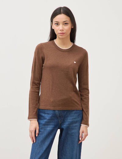 Pull fin col rond manches longues marron femme