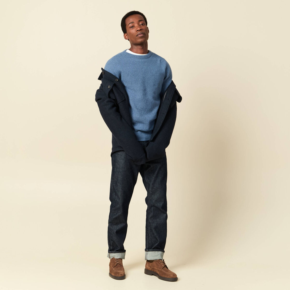 Pull manches longues fabriqu&eacute; en France bleu fonc&eacute; homme